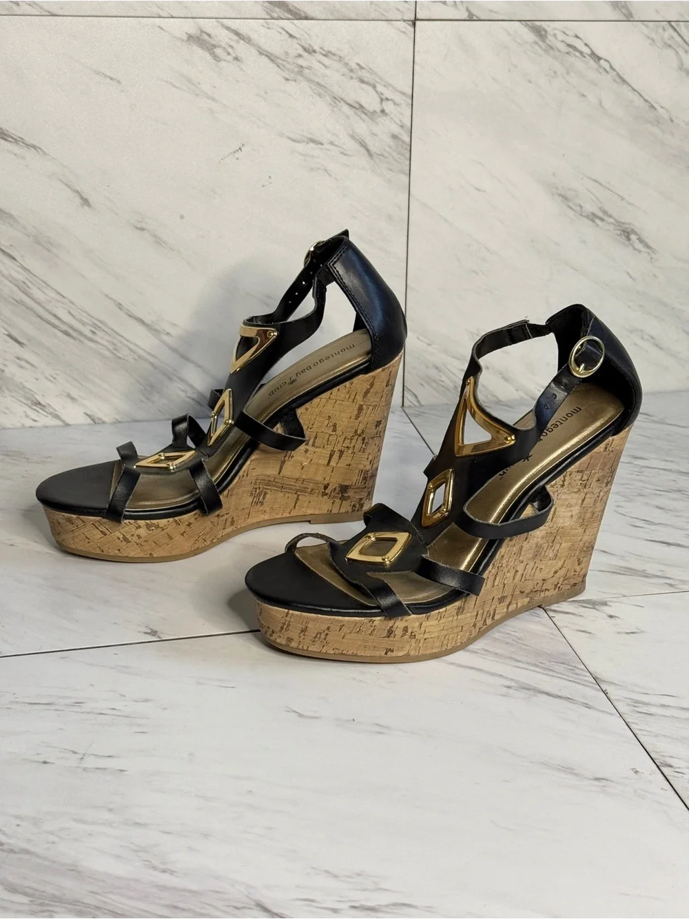 3/$50 Montego Bay Club Black Gold Cutout Cork Wedge Sandals Gladiator Heels 8.5